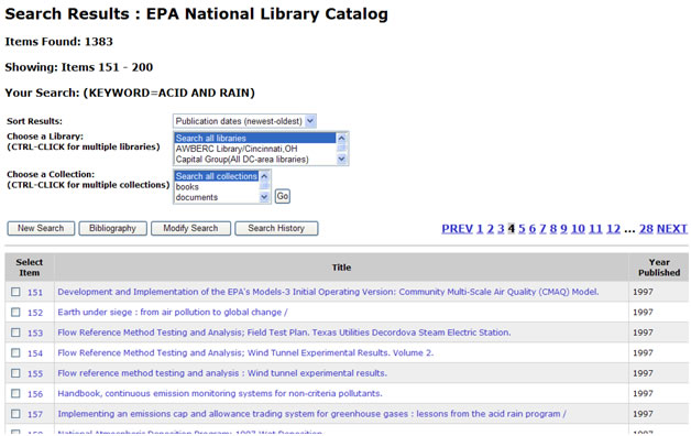 Screen shot of the search results display page