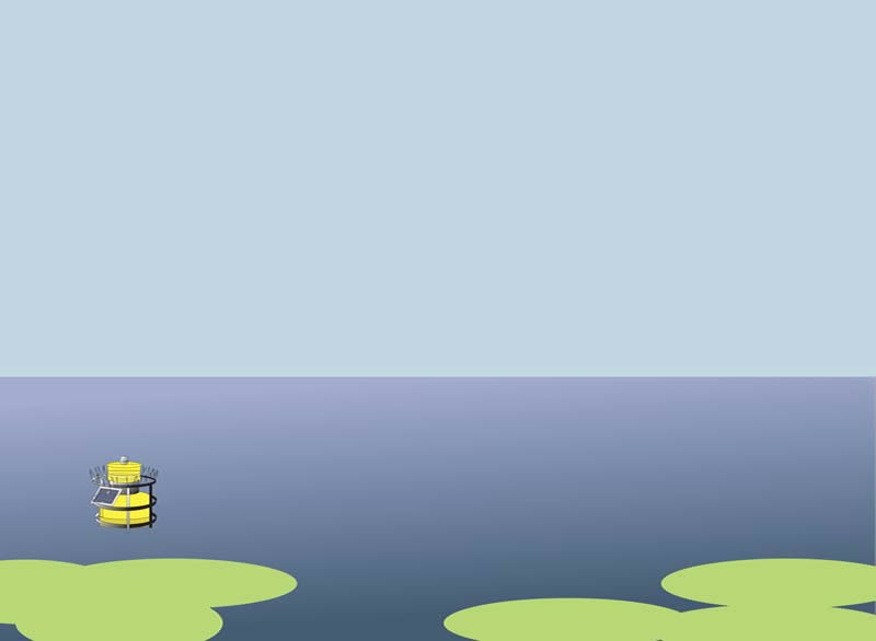 This is a graphic of a buoy in the Mystic River with a depiction of an algae bloom.