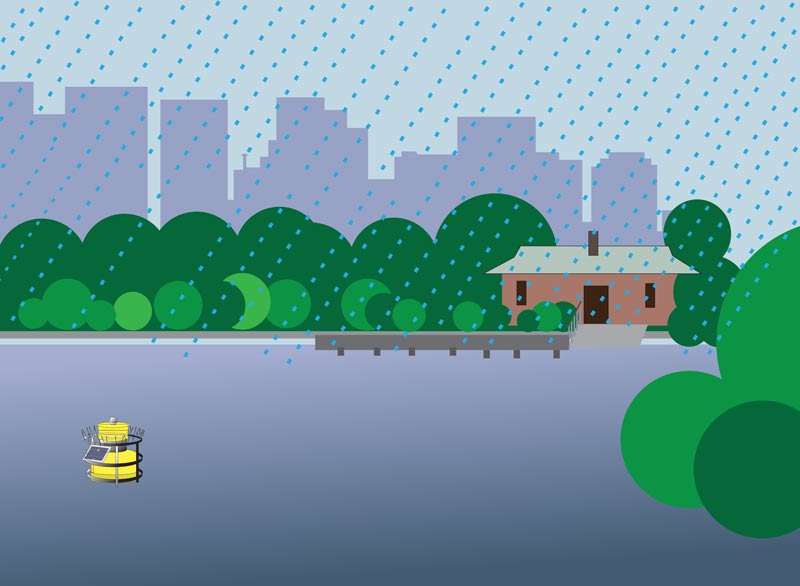 This is a graphic of a buoy in the Mystic River with a depiction of rain.
