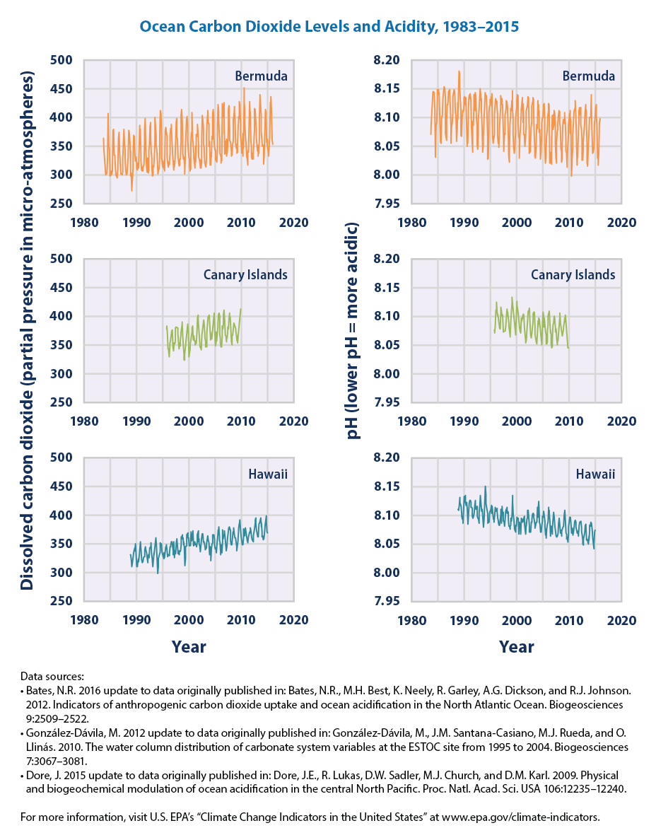 Time series plots of ocean pCO2 and pH for Bermuda, the Canary Islands, and Hawaii from 1983 to 2015