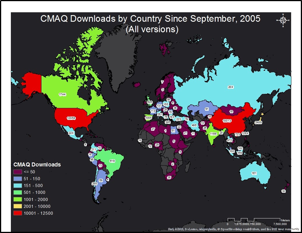 Map showing number of CMAQ downloads by country