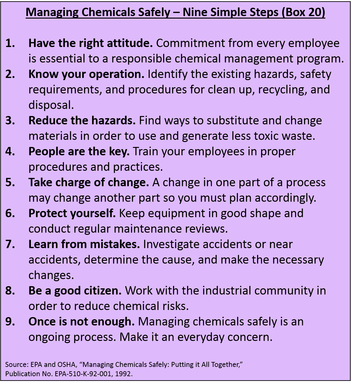 Managing Chemicals Safely &ndash; Nine Simple Steps (Box 20)