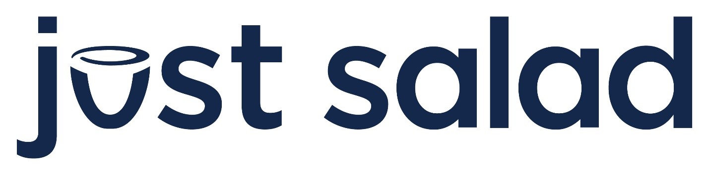 This is a picture of the logo of the company Just Salad. The words Just Salad are written in dark blue in all lowercase letters, and the letter u of the word just is a picture of a salad bowl.