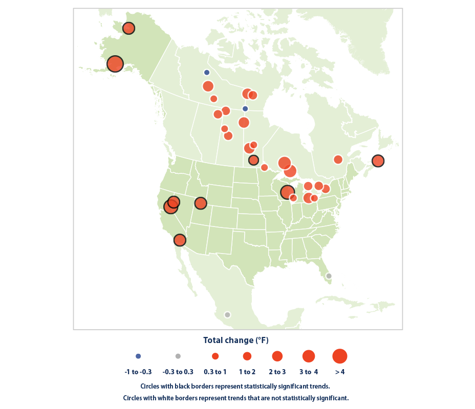 Change in Summer Surface Water Temperatures of North American Lakes, 1985–2009 Map showing the total change in average summer surface water temperatures of lakes in North America between 1985 and 2009.