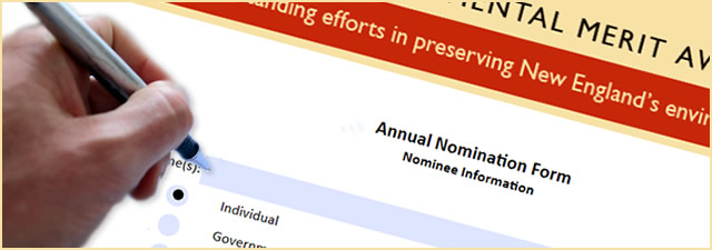 Hand filling out Environmental Merit Awards nomination form