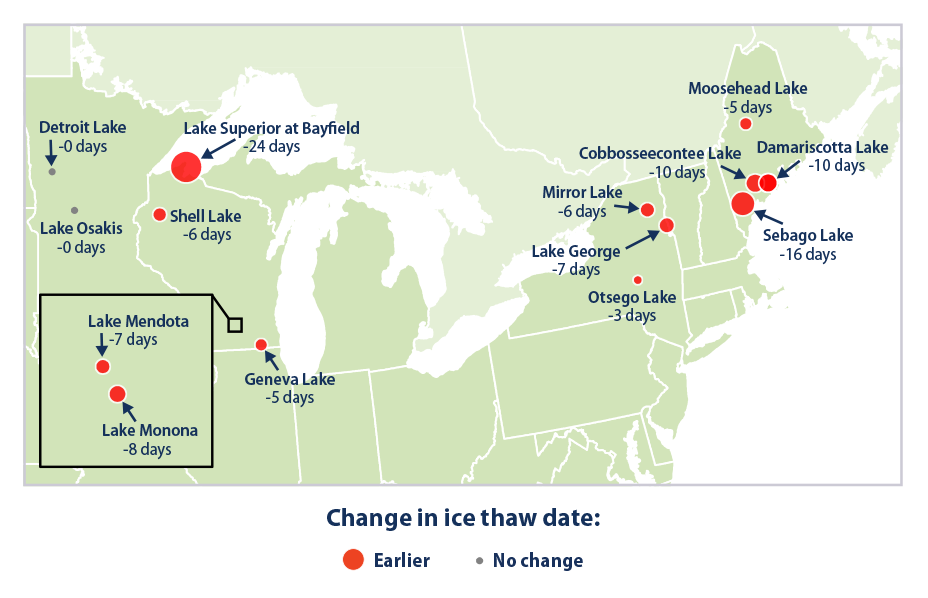 Change in Ice Thaw Dates for Selected U.S. Lakes, 1905–2019 Map showing changes in the timing of thawing at 14 U.S. lakes between 1905 and 2019.