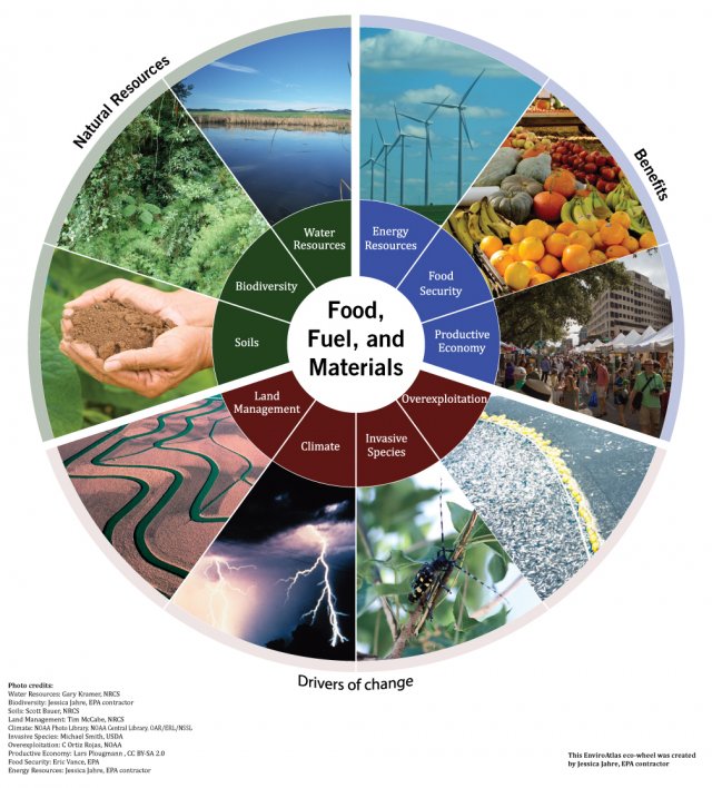 Food, fuel and materials eco-wheel, showing the natural resources that provide these benefits and drivers of change to their provision.