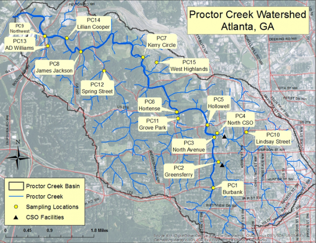 This map outlines the watershed and identifies the sampling locations, CSO facilities and the proctor creek basin