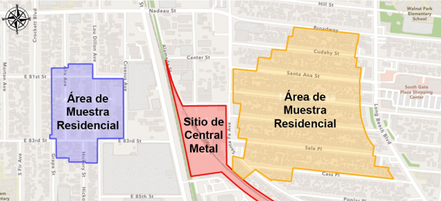 El &aacute;rea residencial de muestras a la izquierda del sitio de Central Metal se encuentra en el vecindario de Florence-Firestone. La mayor parte de esta &aacute;rea de muestra residencial est&aacute; delimitada por East 81th Street al norte, East 83rd Street al sur, Crockett Boulevard al oeste y Croesus Avenue al este. El &aacute;rea de muestra residencial a la derecha del sitio de Central Metal se encuentra en el vecindario de Walnut Park. La mayor parte de esta &aacute;rea de muestra residencial est&aacute; delimitada por Broadway Avenue al norte, Cass Place al sur, Santa Fe Avenue al oeste y Long Beach Boulevard al este.