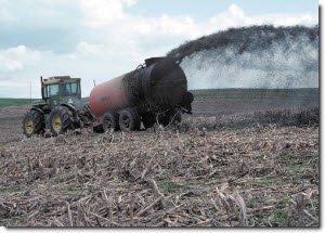 Crop sprayer applying fertilizer to field