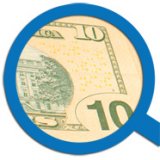 A $10 bill in a magnifying glass.