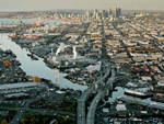 An arial view of the Duwamish River just to the south of the Seattle skyline. 