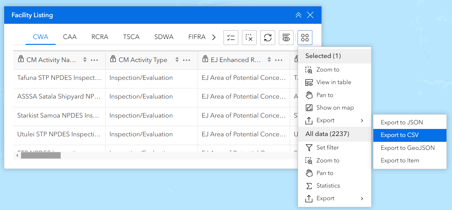 Screenshot of the facility listing with export to csv selected
