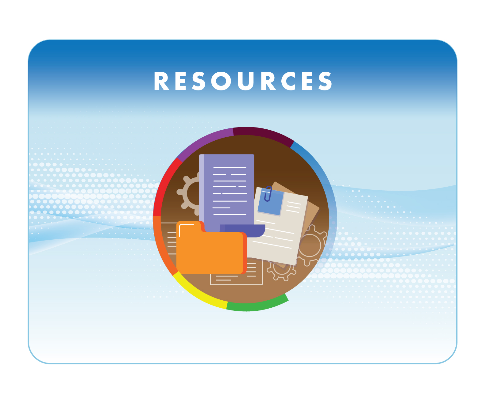 Logo for AQAW 2024 Resources. The page "Resources&rdquo; is depicted with a stack of papers