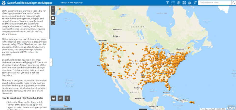 Screenshot of mapping application shows continental United States with orange dots on it. A column of text is along the left hand side.