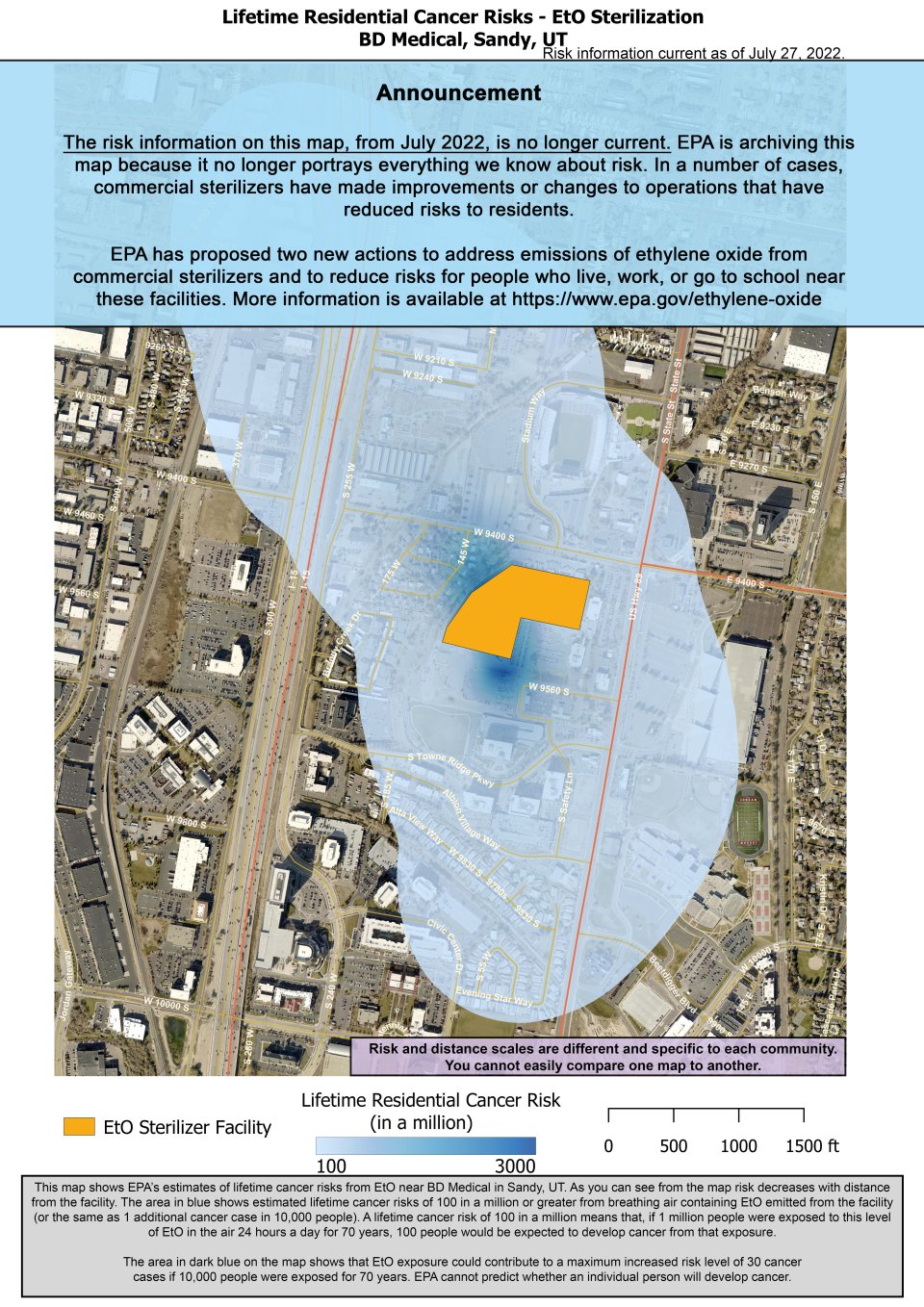 This map shows EPA&rsquo;s estimate of lifetime cancer risks from breathing ethylene oxide near BD Medical located at 9450 State St. in Sandy, UT. The area in blue shows estimated lifetime cancer risks at 100 in a million or greater from breathing air containing EtO emitted from the facility. Nearest the facility, the estimated lifetime cancer risk is 2,547 in a million. Estimated cancer risk decreases with distance from the facility.
