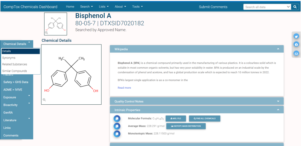 Chemical Details page in the Dashboard showing details for BPA.
