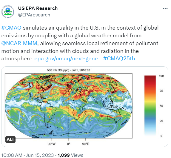 This tweet highlights the MPAS-CMAQ global coupled modeling system in the Advanced Air Quality Modeling System (AAQMS).