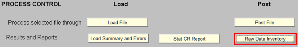 Screen capture of the AQS batch screen process control section with the raw data inventory button highlighted
