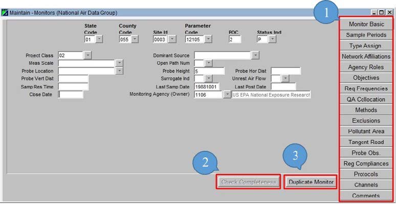 screenshot of the AQS maintain monitor form