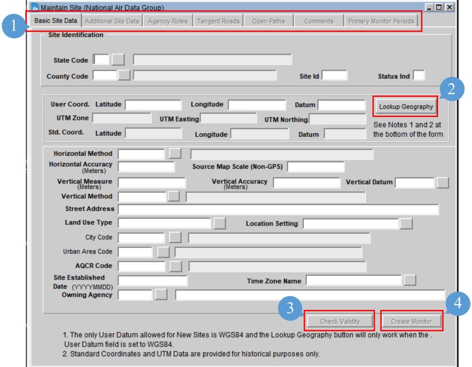 screenshot of the AQS maintain site form