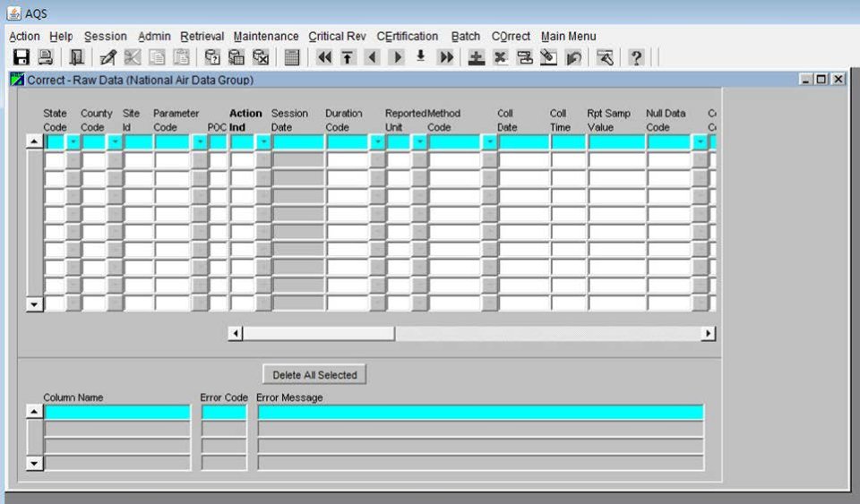 screenshot of the AQS Correct Raw data form