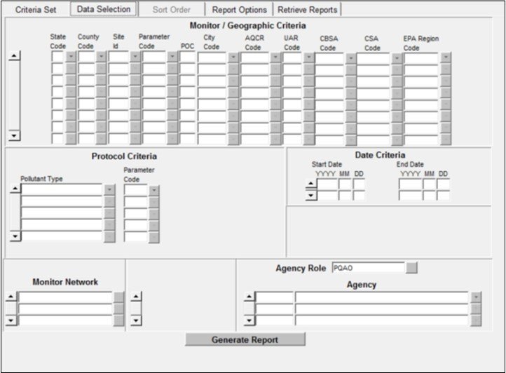 screenshot of the data selection tab for reports in AQS