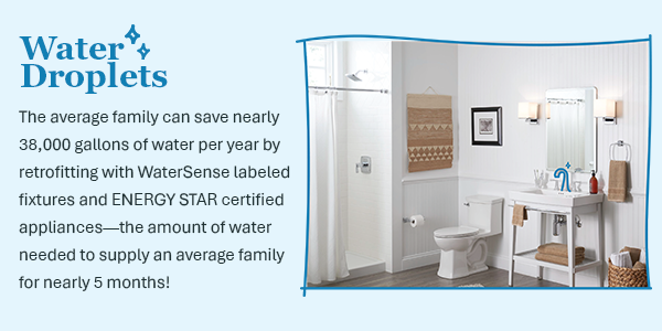 The average family can save nearly 38,000 gallons of water per year by retrofitting with WaterSense labeled fixtures and ENERGY STAR certified appliances&mdash;the amount of water needed to supply an average family for nearly 5 months!