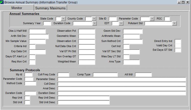 screenshot of the annual summaries form in AQS