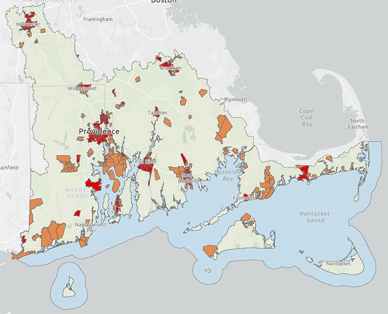 Map identifying communities within the Southeast New England Program boundary that meet the minimum eligibility requirements to apply for EJ-specific funding opportunities offered by SNEP.