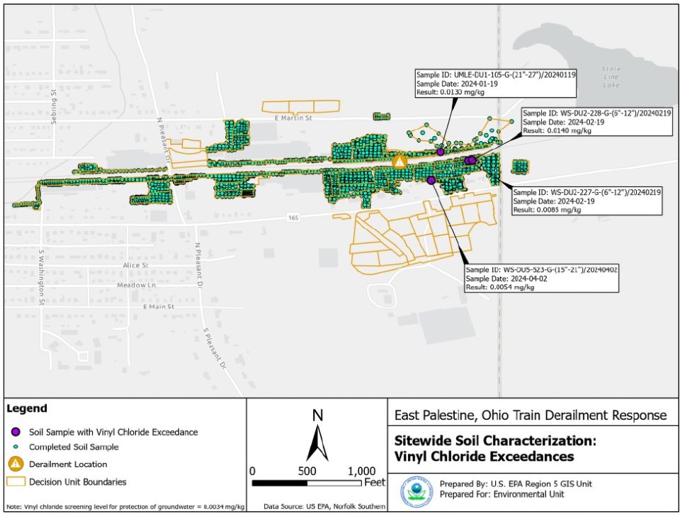 Soil sampling map showing where vinyl chloride was detected (in mg/kg) and removed in industrial areas (shown in purple)