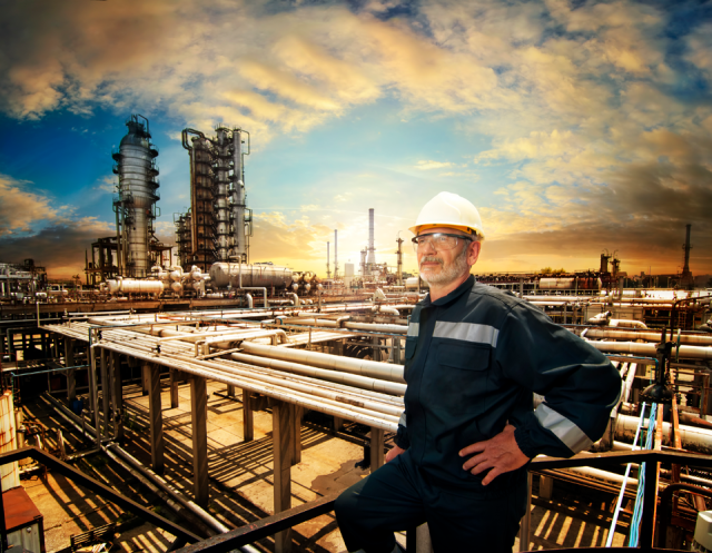 Worker wearing hard heat poses in front of pipes.