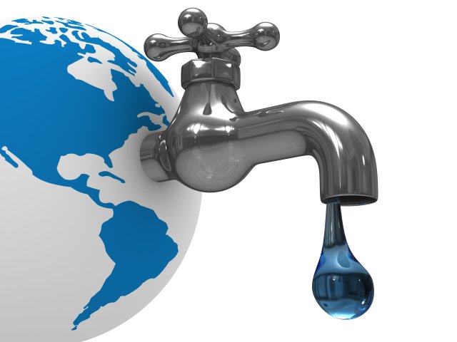 graphic of a faucet connected to the side of the earth with a large water drop coming out