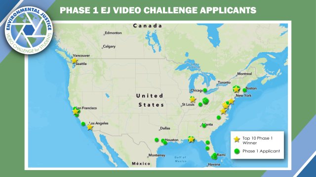 Map of Phase 1 EJ Video Challenge locations of submissions