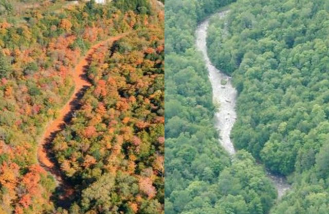 Aerial Imagery of a local waterway impacted by mining-influenced water from mine waste piles at the Elizabeth Mine site in Vermont before (left) and after (right) implementing the RCTS TM. Source EPA