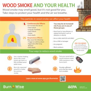 Square infographic titled "wood smoke and your health" that has list of cardiovascular and respiratory effects from wood smoke, a list of groups that are more sensitive to wood smoke including older adults and children and 4 steps you can take to reduce smoke including using dry, seasoned wood. See pdf of this same image for all the details.