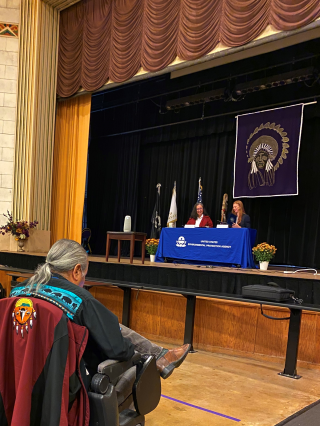 EPA Region 7 Administrator Meg McCollister and Haskell Indian Nations University Interim President Julia Good Fox sign a Memorandum of Understanding (MOU) formalizing the organizations&rsquo; partnership to promote environmental outreach and student career opportunities during the signing ceremony at Haskell Auditorium on Oct. 19, 2022.