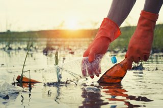Two orange gloved hands pulling an empty plastic water bottle and a glass bottle out of a water body surrounded by marsh. A soft yellow sun is setting in the background.