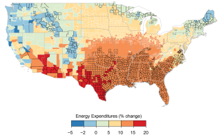 This figure shows county-level median projected increases in energy expenditures for average 2080&ndash;2099 impacts under the higher scenario (RCP8.5). Impacts are changes relative to no additional change in climate. Color indicates the magnitude of increases in energy expenditures in median projection; outline color indicates level of agreement across model projections (thin white outline, inner 66% of projections disagree in sign; no outline, more than 83% of projections agree in sign (continued on NCA site)
