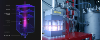 Onvector’s plasma vortex technology shown in a rendering (left) and installed for performance validation at a pilot test site (right).