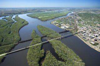 An aerial image of the Mississippi River in Iowa.