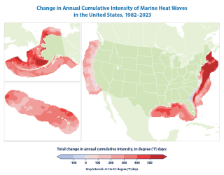 Change in Annual Cumulative Intensity of Marine Heat Waves in the United States, 1982–2023
